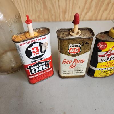 Vintage Master Glass Oil Bottle & Oil Cans 3 in 1, Philips 66, Rawlings Glove oil Watco Danish Oil