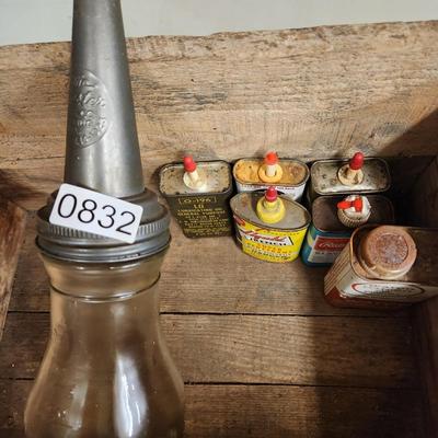 Vintage Master Glass Oil Bottle & Oil Cans 3 in 1, Philips 66, Rawlings Glove oil Watco Danish Oil