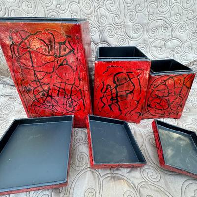 Three Red/Black Decorative Boxes with Lids
