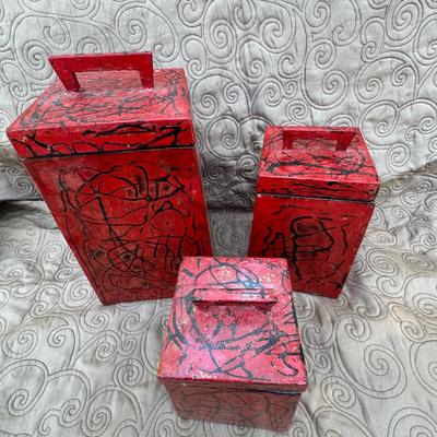 Three Red/Black Decorative Boxes with Lids