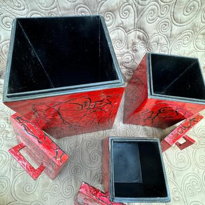 Three Red/Black Decorative Boxes with Lids