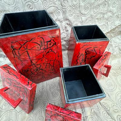 Three Red/Black Decorative Boxes with Lids