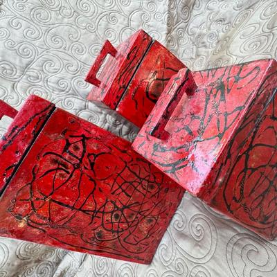 Three Red/Black Decorative Boxes with Lids