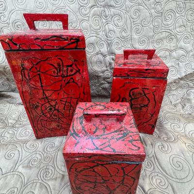 Three Red/Black Decorative Boxes with Lids