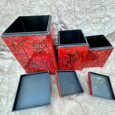 Three Red/Black Decorative Boxes with Lids