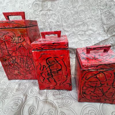 Three Red/Black Decorative Boxes with Lids