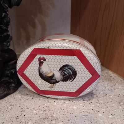 LARGE 15" DECORATIVE ROOSTER AND 2 TINS