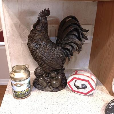 LARGE 15" DECORATIVE ROOSTER AND 2 TINS