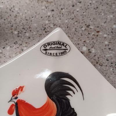 CERAMIC DECORATIVE ROOSTERS, TEA BAG PLATES AND SALT/PEPPER SHAKERS