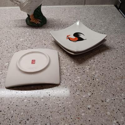 CERAMIC DECORATIVE ROOSTERS, TEA BAG PLATES AND SALT/PEPPER SHAKERS