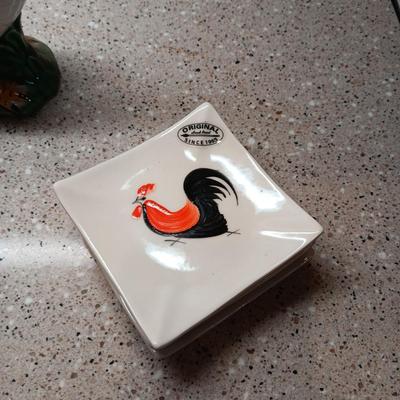 CERAMIC DECORATIVE ROOSTERS, TEA BAG PLATES AND SALT/PEPPER SHAKERS