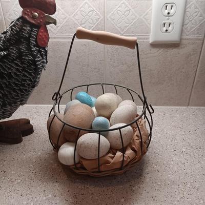 TIN ROOSTER, EGG BASKET AND JELLY HOLDER