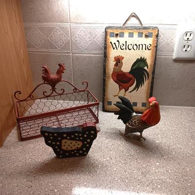 SLATE WELCOME SIGN, IRON BASKET AND 2 FREESTANDING ROOSTERS