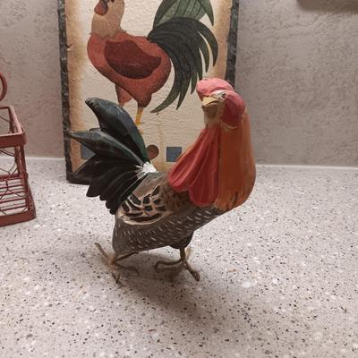 SLATE WELCOME SIGN, IRON BASKET AND 2 FREESTANDING ROOSTERS