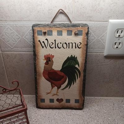 SLATE WELCOME SIGN, IRON BASKET AND 2 FREESTANDING ROOSTERS