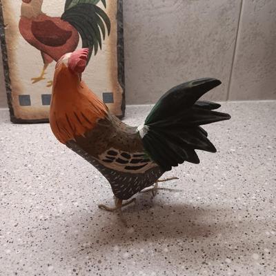 SLATE WELCOME SIGN, IRON BASKET AND 2 FREESTANDING ROOSTERS