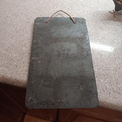 SLATE WELCOME SIGN, IRON BASKET AND 2 FREESTANDING ROOSTERS