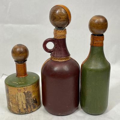 Lot of 3 Leather Covered Decanter Bottles
