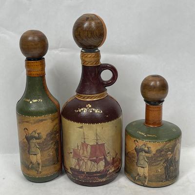 Lot of 3 Leather Covered Decanter Bottles