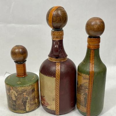 Lot of 3 Leather Covered Decanter Bottles