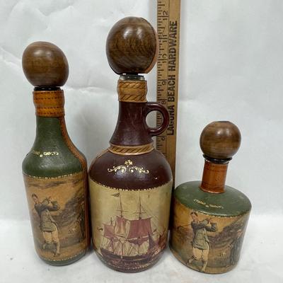 Lot of 3 Leather Covered Decanter Bottles
