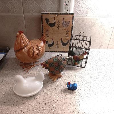 MILK GLASS HEN ON NEST, CERAMIC HOT PLATE AND OTHER ROOSTERS
