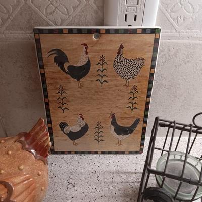 MILK GLASS HEN ON NEST, CERAMIC HOT PLATE AND OTHER ROOSTERS