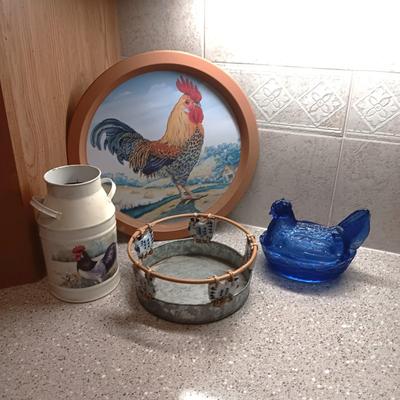 BLUE GLASS HEN ON NEST, GALVANIZED BASKET AND TIN TRAY AND UTENSIL HOLDER