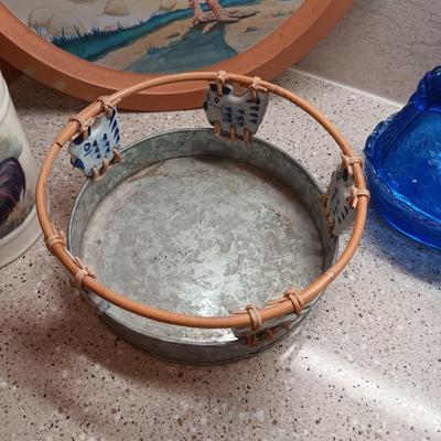 BLUE GLASS HEN ON NEST, GALVANIZED BASKET AND TIN TRAY AND UTENSIL HOLDER