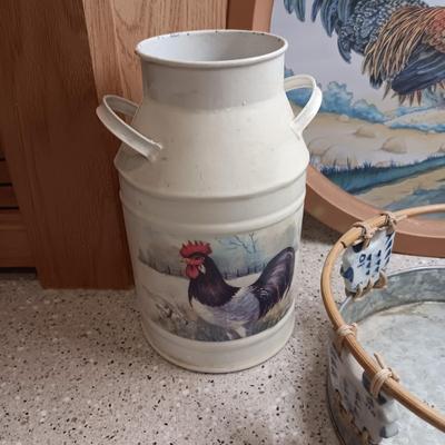 BLUE GLASS HEN ON NEST, GALVANIZED BASKET AND TIN TRAY AND UTENSIL HOLDER