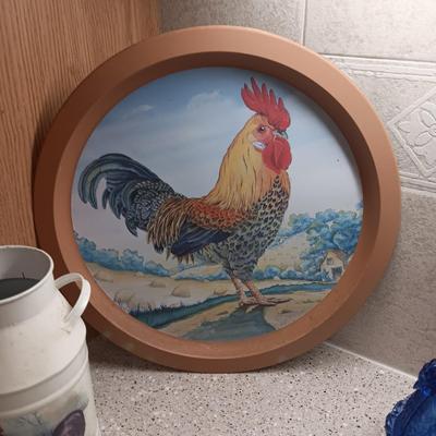 BLUE GLASS HEN ON NEST, GALVANIZED BASKET AND TIN TRAY AND UTENSIL HOLDER
