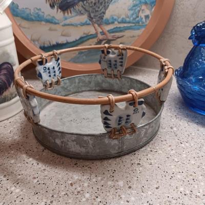 BLUE GLASS HEN ON NEST, GALVANIZED BASKET AND TIN TRAY AND UTENSIL HOLDER