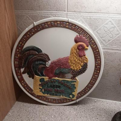 LIGHT BLUE GLASS HEN ON NEST, PLATES AND FREESTANDING ROOSTER