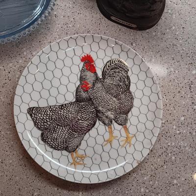 LIGHT BLUE GLASS HEN ON NEST, PLATES AND FREESTANDING ROOSTER