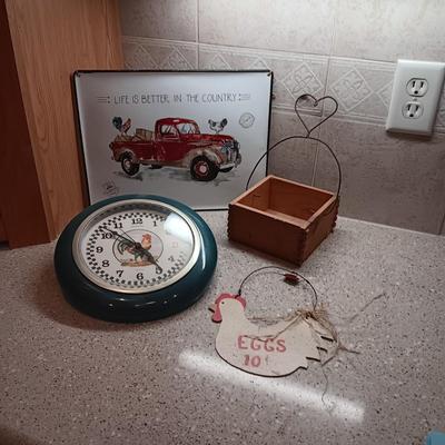ENAMEL SIGN, WALL CLOCK, STEEL HEN EGG SIGN AND WOODEN BASKET