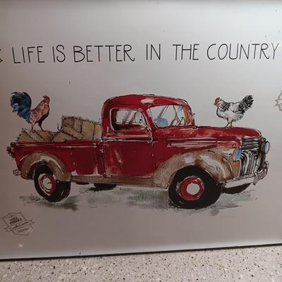 ENAMEL SIGN, WALL CLOCK, STEEL HEN EGG SIGN AND WOODEN BASKET