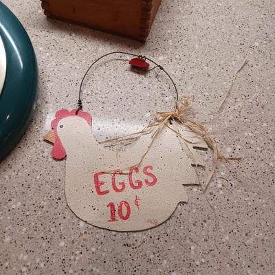 ENAMEL SIGN, WALL CLOCK, STEEL HEN EGG SIGN AND WOODEN BASKET