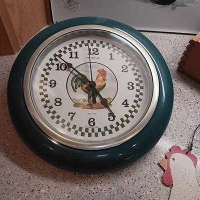 ENAMEL SIGN, WALL CLOCK, STEEL HEN EGG SIGN AND WOODEN BASKET