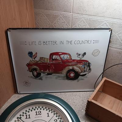 ENAMEL SIGN, WALL CLOCK, STEEL HEN EGG SIGN AND WOODEN BASKET