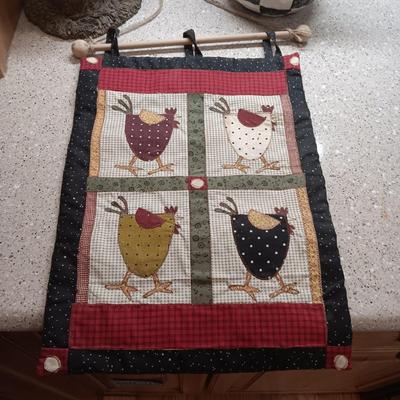 ROOSTER PITCHER, QUILTED WALL HANGING AND FREESTANDING ROOSTER