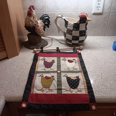 ROOSTER PITCHER, QUILTED WALL HANGING AND FREESTANDING ROOSTER