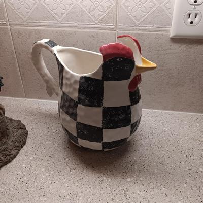 ROOSTER PITCHER, QUILTED WALL HANGING AND FREESTANDING ROOSTER