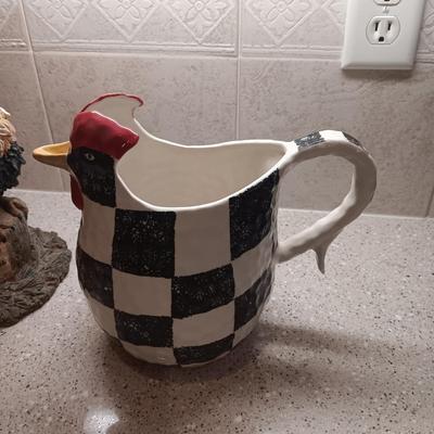 ROOSTER PITCHER, QUILTED WALL HANGING AND FREESTANDING ROOSTER