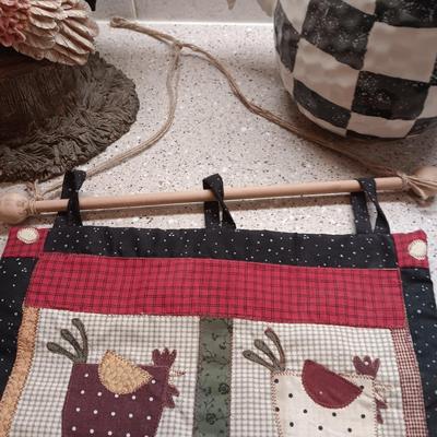 ROOSTER PITCHER, QUILTED WALL HANGING AND FREESTANDING ROOSTER