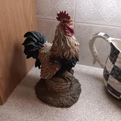 ROOSTER PITCHER, QUILTED WALL HANGING AND FREESTANDING ROOSTER
