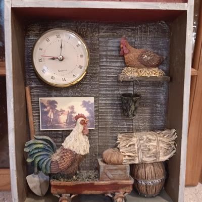 WALL HUNG BARN DIORAMA WITH A CLOCK PLUS A WOODEN SIGN