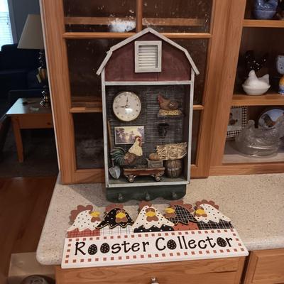 WALL HUNG BARN DIORAMA WITH A CLOCK PLUS A WOODEN SIGN
