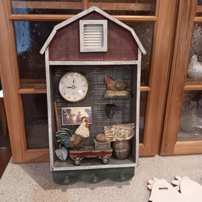 WALL HUNG BARN DIORAMA WITH A CLOCK PLUS A WOODEN SIGN