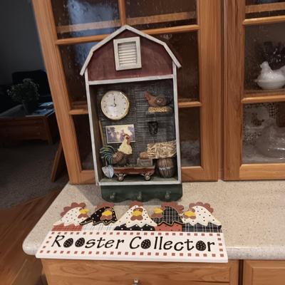 WALL HUNG BARN DIORAMA WITH A CLOCK PLUS A WOODEN SIGN