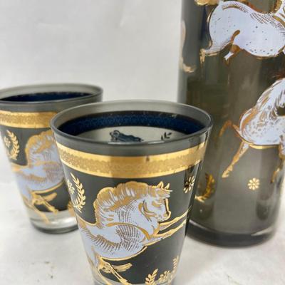 5 piece MCM frosted painted glass decanter & glass set blue gray with white painted horses with gold accents